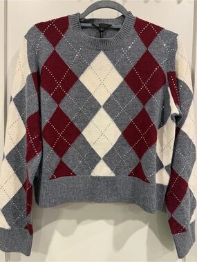 NWT Maje Argyle Embellished Rhinestone Sweater Gray, Burgundy, Cream S/M